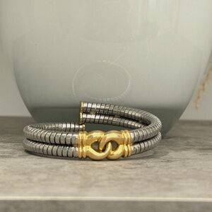 Authentic Vintage Bvlgari Bulgari Tubogas 18k Gold Steel Cuff Bracelet